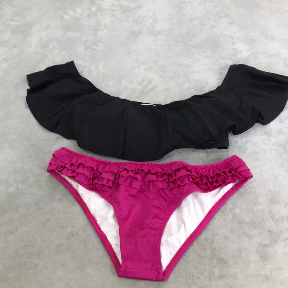 Eberjey Pink and Black Ruffle Bikini Separates Size M New